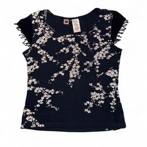 Forbidden Navy & White Floral Blossom Beaded Sequin Crop T Shirt Med VTG Y2K